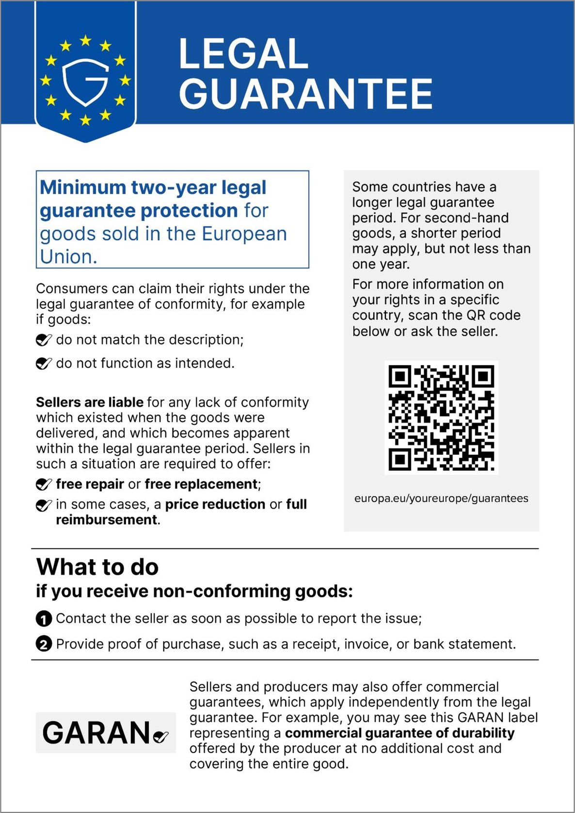 Statutory warranty: When purchasing goods in the EU, a statutory warranty period of at least two years applies. The QR code leads to further information on the  Your Europe portal.